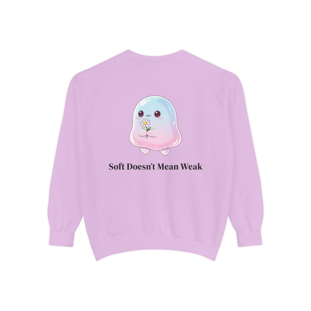 "Soft Doesn't Mean Weak" Sweatshirt — Cute Pastel Blob Graphic Crewneck