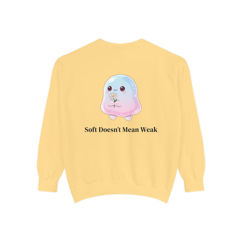 "Soft Doesn't Mean Weak" Sweatshirt — Cute Pastel Blob Graphic Crewneck