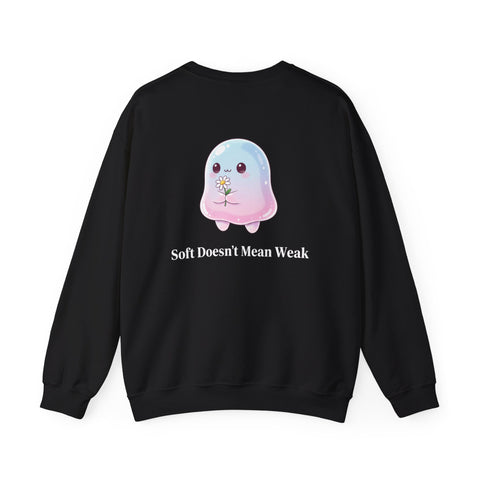 Cute Pastel Blob Creature Crewneck Sweatshirt — Kawaii Jelly Holding Daisy Back Print