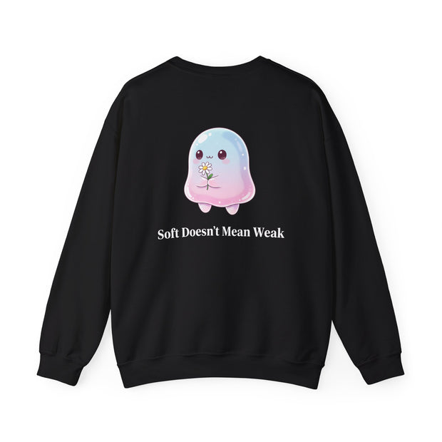 Cute Pastel Blob Creature Crewneck Sweatshirt — Kawaii Jelly Holding Daisy Back Print
