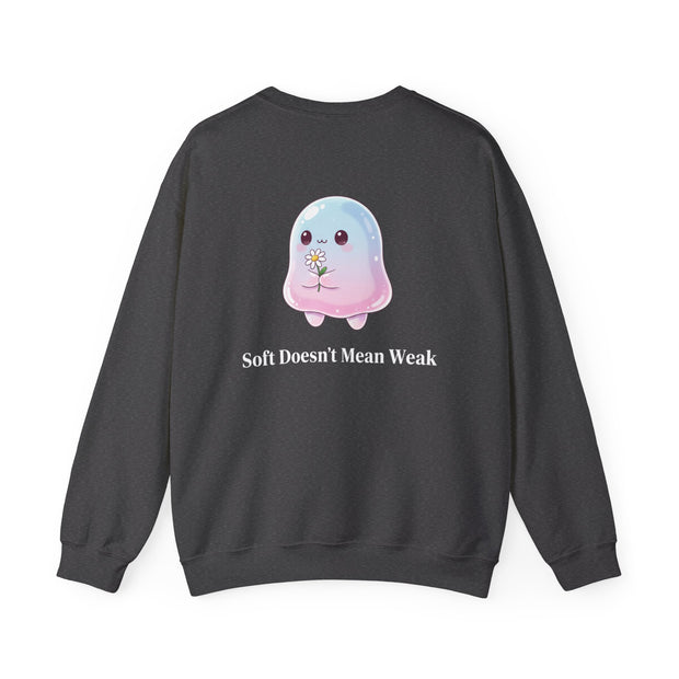 Cute Pastel Blob Creature Crewneck Sweatshirt — Kawaii Jelly Holding Daisy Back Print