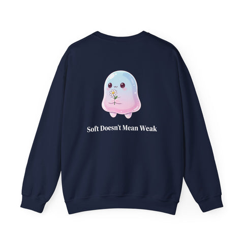 Cute Pastel Blob Creature Crewneck Sweatshirt — Kawaii Jelly Holding Daisy Back Print