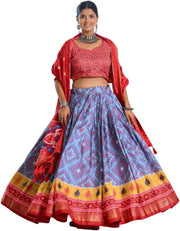 Red & Sky Blue Tussar Silk Lehenga Set with Embroidered Choli & Dupatta | Festive Indian Gown - [Just Primes]