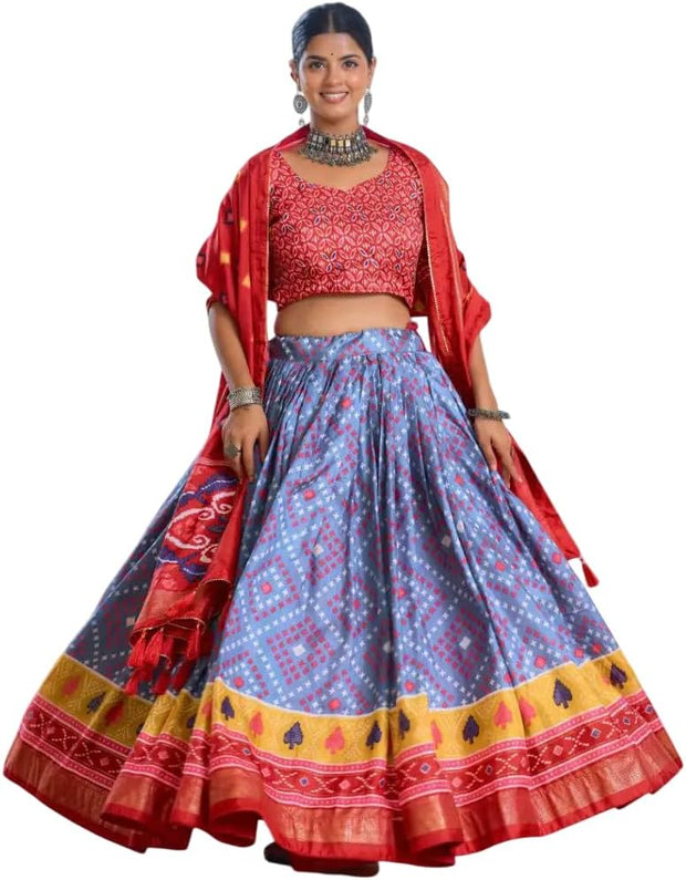 Red & Sky Blue Tussar Silk Lehenga Set with Embroidered Choli & Dupatta | Festive Indian Gown - [Just Primes]