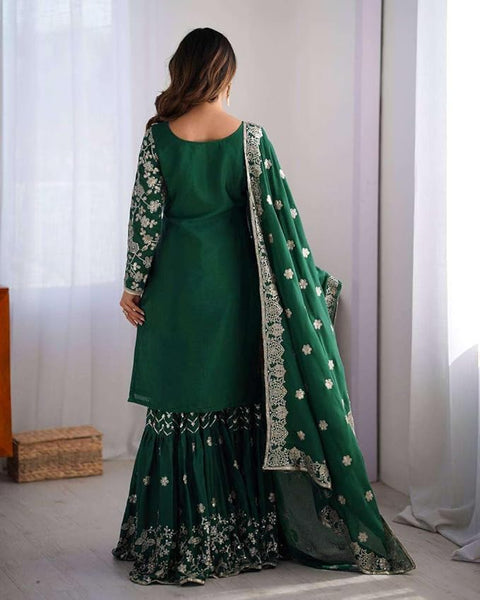 Sequin Embroidered Sharara Suit Set | 3-Piece Indian Kurti & Wide-Leg Pants - [Just Primes]