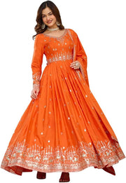 Sequin Embroidered Anarkali Gown with Dupatta | Silk Indian Maxi Dress - [Just Primes]