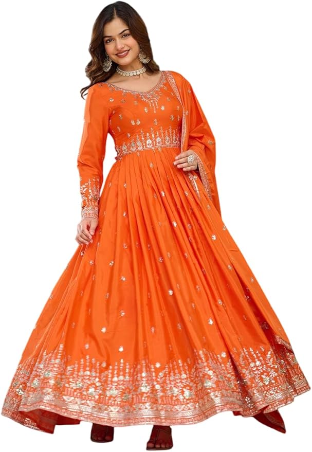 Sequin Embroidered Anarkali Gown with Dupatta | Silk Indian Maxi Dress - [Just Primes]