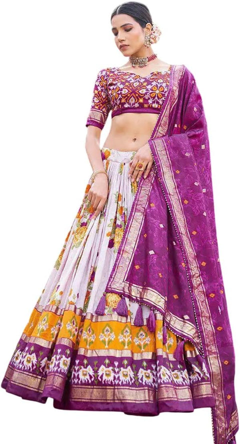 Maroon & White Tussar Silk Lehenga with Patola Print Dupatta | Indian Wedding Gown - [Just Primes]