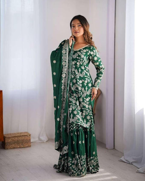 Sequin Embroidered Sharara Suit Set | 3-Piece Indian Kurti & Wide-Leg Pants - [Just Primes]