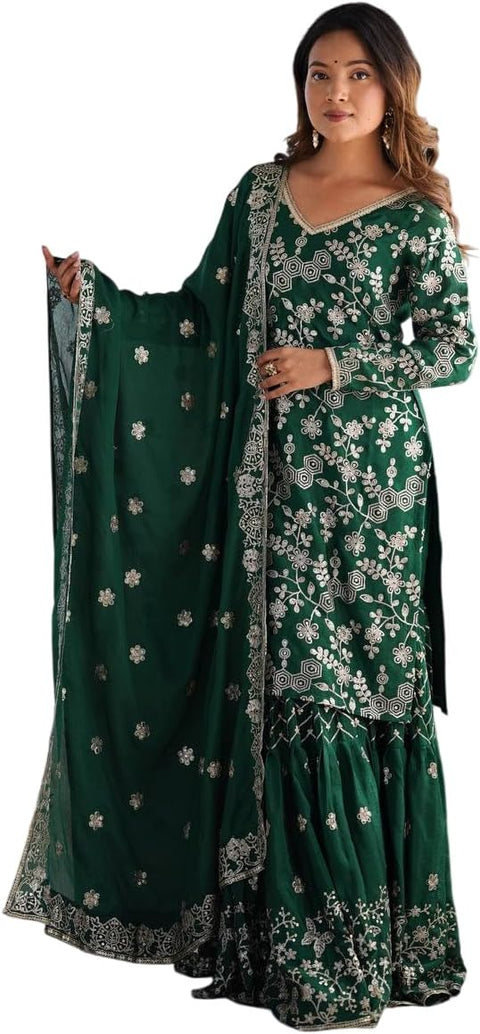 Sequin Embroidered Sharara Suit Set | 3-Piece Indian Kurti & Wide-Leg Pants - [Just Primes]