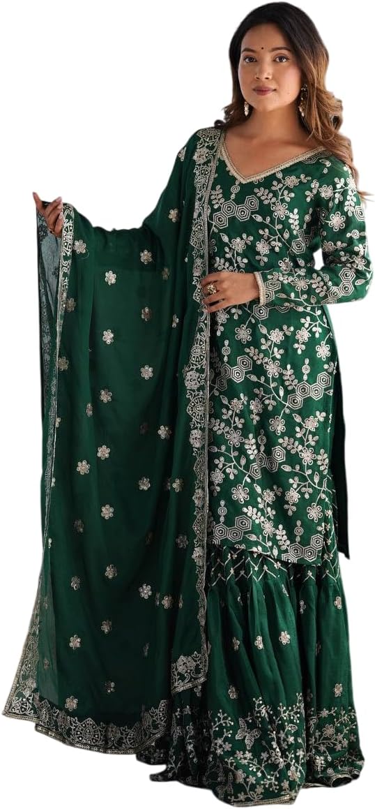Sequin Embroidered Sharara Suit Set | 3-Piece Indian Kurti & Wide-Leg Pants - [Just Primes]