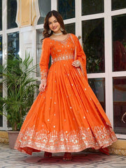 Sequin Embroidered Anarkali Gown with Dupatta | Silk Indian Maxi Dress - [Just Primes]