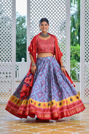 Red & Sky Blue Tussar Silk Lehenga Set with Embroidered Choli & Dupatta | Festive Indian Gown - [Just Primes]