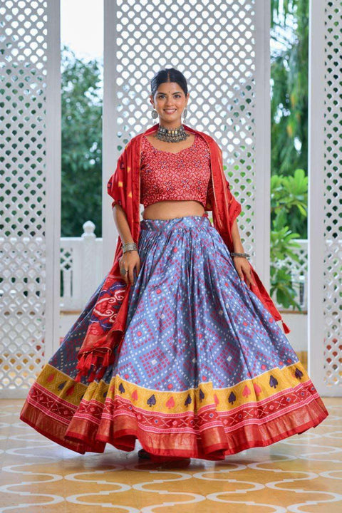 Red & Sky Blue Tussar Silk Lehenga Set with Embroidered Choli & Dupatta | Festive Indian Gown - [Just Primes]
