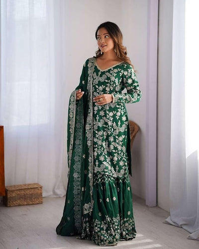 Sequin Embroidered Sharara Suit Set | 3-Piece Indian Kurti & Wide-Leg Pants - [Just Primes]