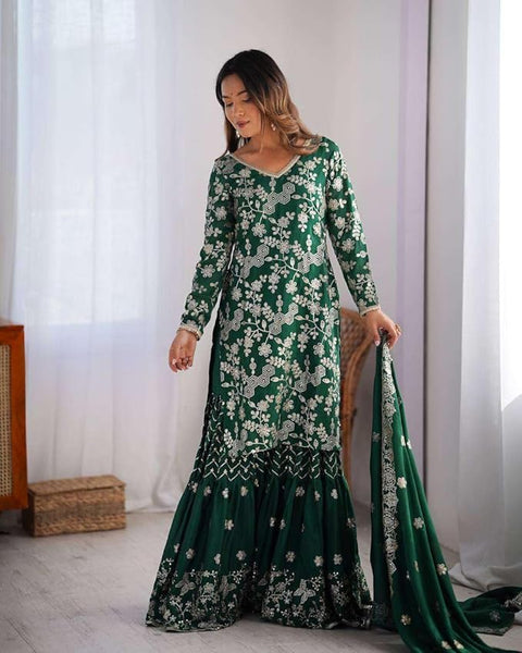 Sequin Embroidered Sharara Suit Set | 3-Piece Indian Kurti & Wide-Leg Pants - [Just Primes]