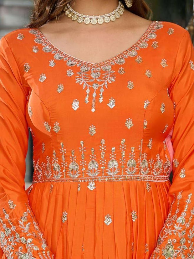 Sequin Embroidered Anarkali Gown with Dupatta | Silk Indian Maxi Dress - [Just Primes]