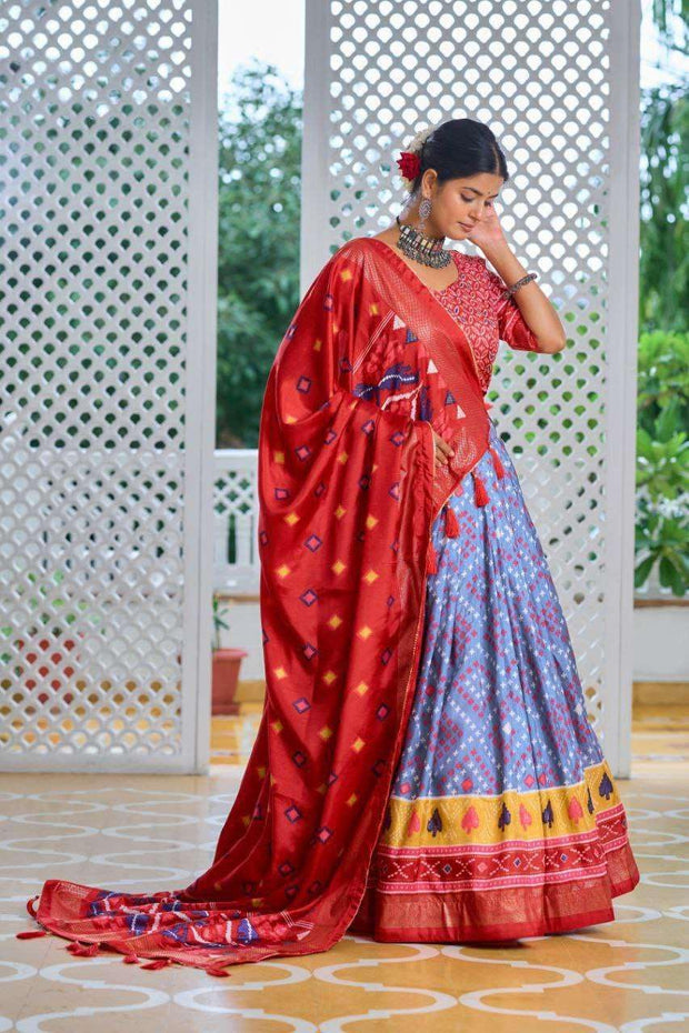 Red & Sky Blue Tussar Silk Lehenga Set with Embroidered Choli & Dupatta | Festive Indian Gown - [Just Primes]