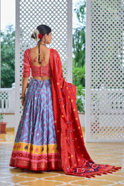 Red & Sky Blue Tussar Silk Lehenga Set with Embroidered Choli & Dupatta | Festive Indian Gown - [Just Primes]