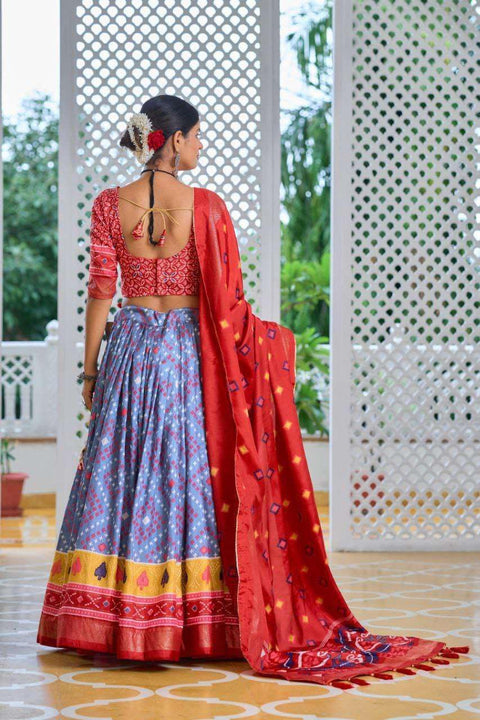 Red & Sky Blue Tussar Silk Lehenga Set with Embroidered Choli & Dupatta | Festive Indian Gown - [Just Primes]
