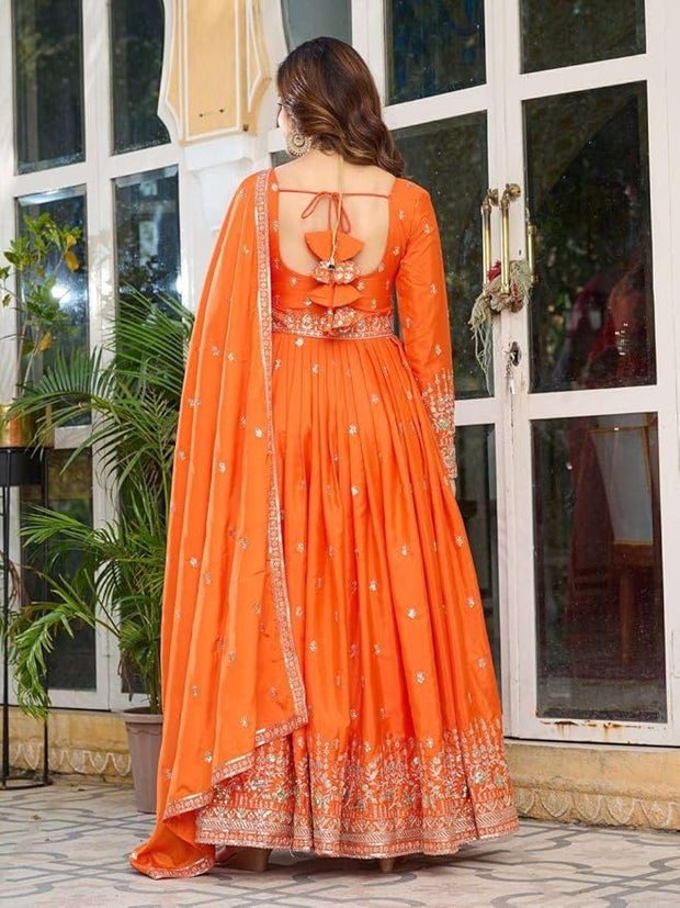 Sequin Embroidered Anarkali Gown with Dupatta | Silk Indian Maxi Dress - [Just Primes]
