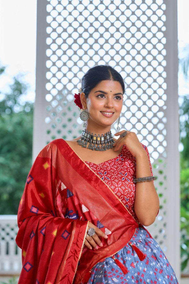 Red & Sky Blue Tussar Silk Lehenga Set with Embroidered Choli & Dupatta | Festive Indian Gown - [Just Primes]