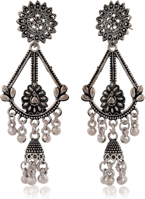 Oxidized Silver Dangle Earrings | Traditional Boho Drop Studs for Women - [Just Primes]