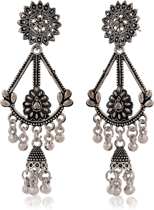 Oxidized Silver Dangle Earrings | Traditional Boho Drop Studs for Women - [Just Primes]