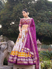 Maroon & White Tussar Silk Lehenga with Patola Print Dupatta | Indian Wedding Gown - [Just Primes]