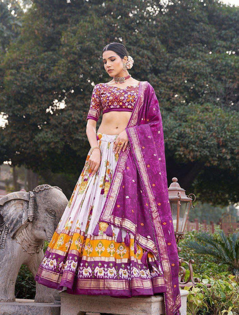 Maroon & White Tussar Silk Lehenga with Patola Print Dupatta | Indian Wedding Gown - [Just Primes]