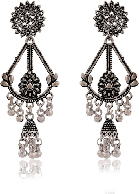 Oxidized Silver Dangle Earrings | Traditional Boho Drop Studs for Women - [Just Primes]