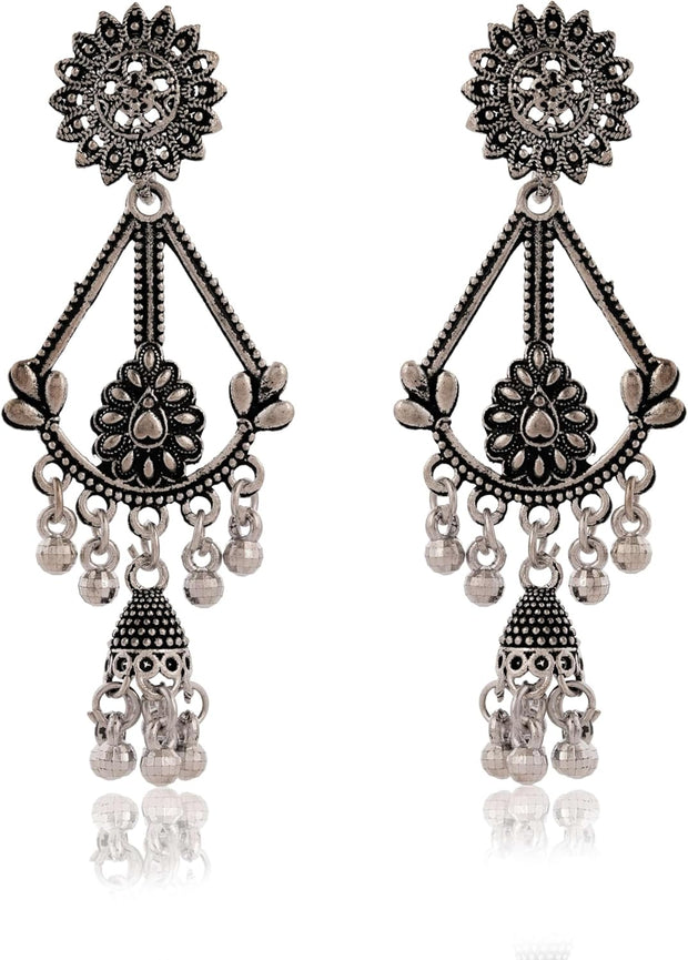 Oxidized Silver Dangle Earrings | Traditional Boho Drop Studs for Women - [Just Primes]