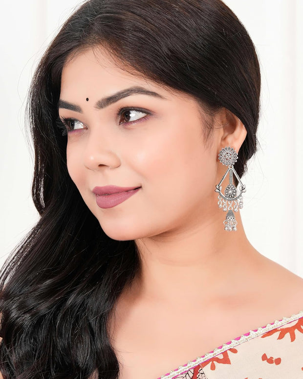 Oxidized Silver Dangle Earrings | Traditional Boho Drop Studs for Women - [Just Primes]