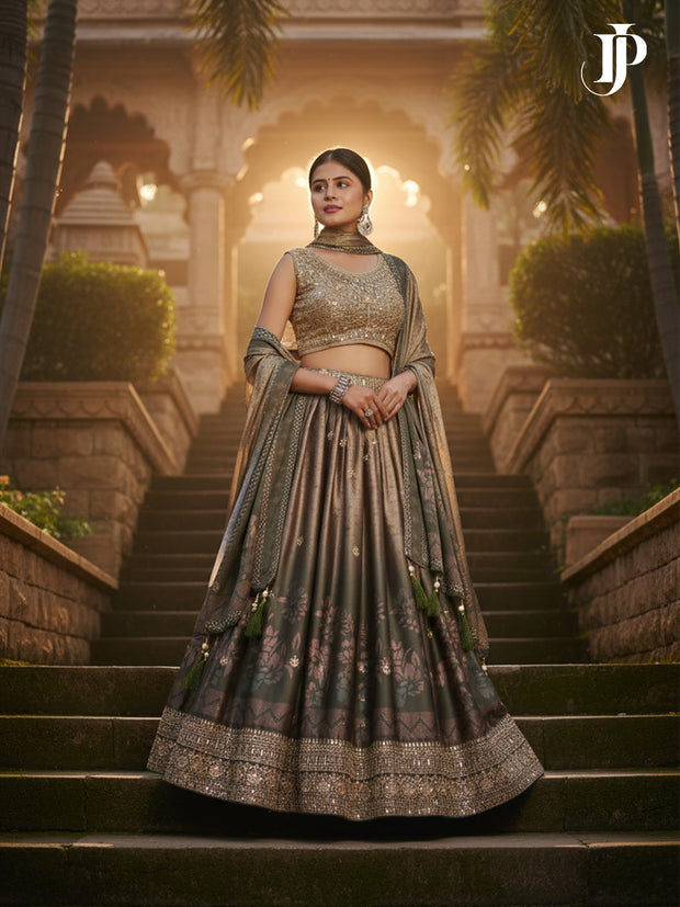 Golden Embroidered Silk Lehenga | Fall Wedding Guest Dresses & Festive Wear - [Just Primes]