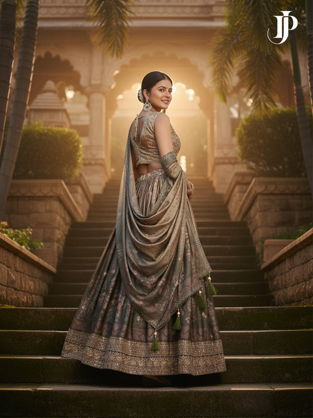 Golden Embroidered Silk Lehenga | Fall Wedding Guest Dresses & Festive Wear - [Just Primes]