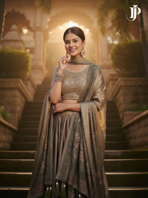 Golden Embroidered Silk Lehenga | Fall Wedding Guest Dresses & Festive Wear - [Just Primes]