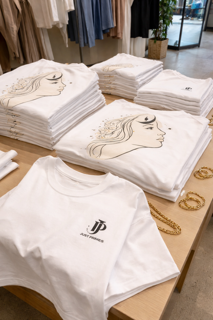 Folded oversized aesthetic t shirts displayed in boutique