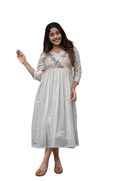 Women's Off White Embroidered Cotton Anarkali Gown Size-M