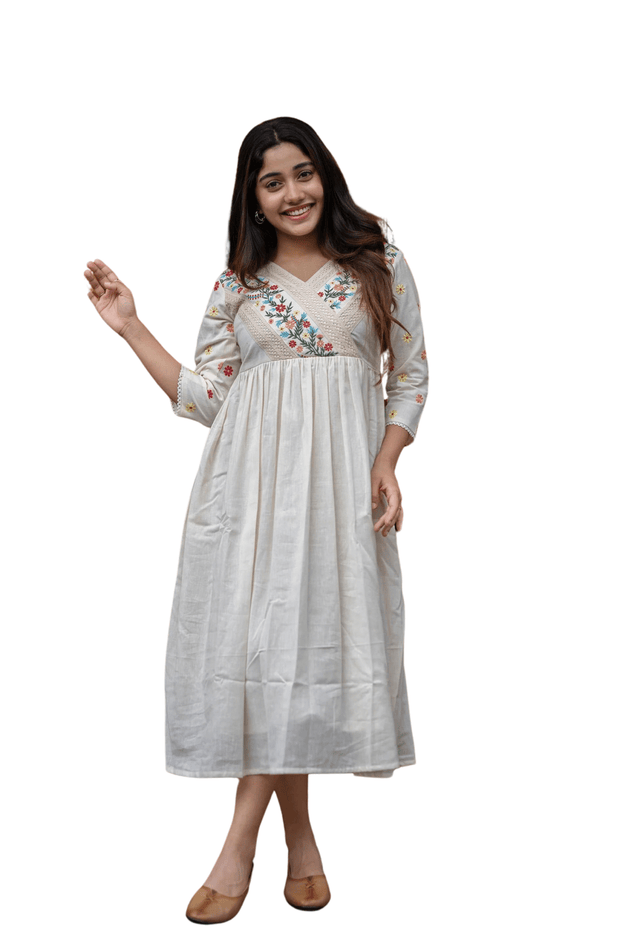 Women's Off White Embroidered Cotton Anarkali Gown Size-M