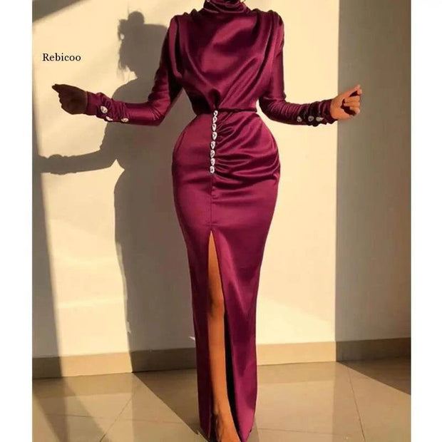 Elegant Autumn/Winter Bodycon Dress for Women - Long Sleeve, High Neck, Solid Color Party Gown Just Primes