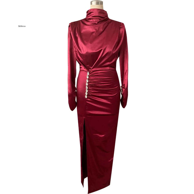 Elegant Autumn/Winter Bodycon Dress for Women - Long Sleeve, High Neck, Solid Color Party Gown Just Primes