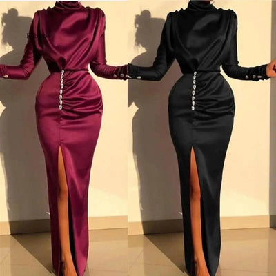 Elegant Autumn/Winter Bodycon Dress for Women - Long Sleeve, High Neck, Solid Color Party Gown Just Primes