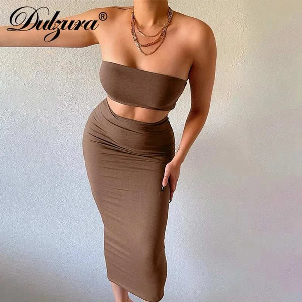 Bodycon Dress- Dulzura Solid Women 2 Piece Crop Top Set, Midi Skirt