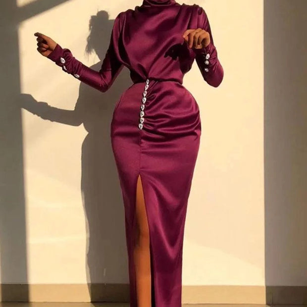 Elegant Autumn/Winter Bodycon Dress for Women - Long Sleeve, High Neck, Solid Color Party Gown Just Primes