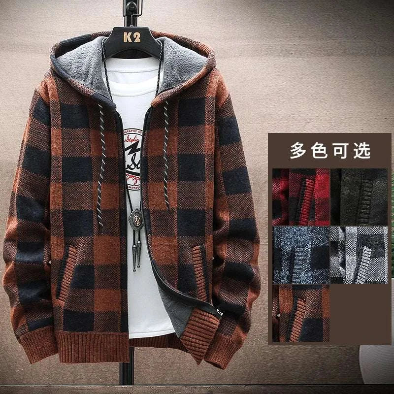 Hoodies for Men - Winter Plaid Sweater Hooded Cardigan, Warm Clothes