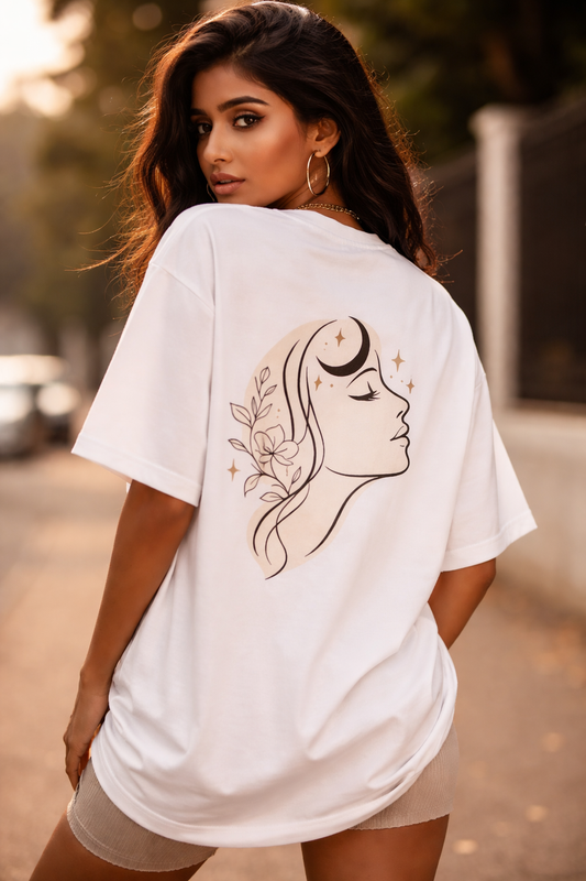Oversized spiritual moon graphic t shirt for women back print