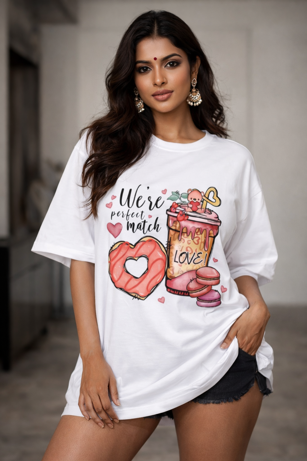 Oversized unisex couple t shirt with we’re perfect match love graphic print