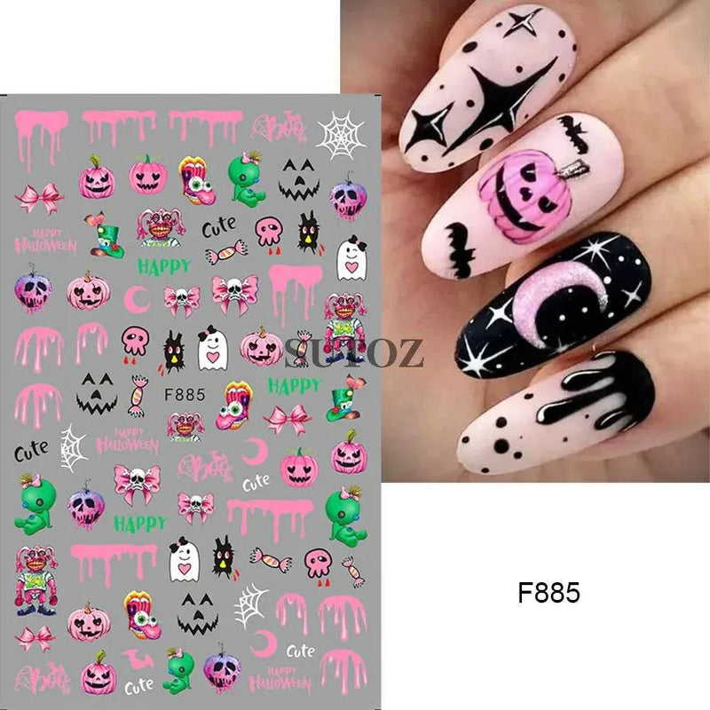 Halloween nails with 5D embossed stickers featuring ghost, pumpkin, and skull designs.