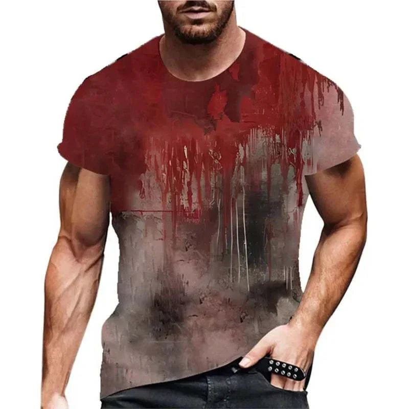 Funny Men's Blood Print Halloween T-shirt 2024, casual short sleeve, perfect for parties.