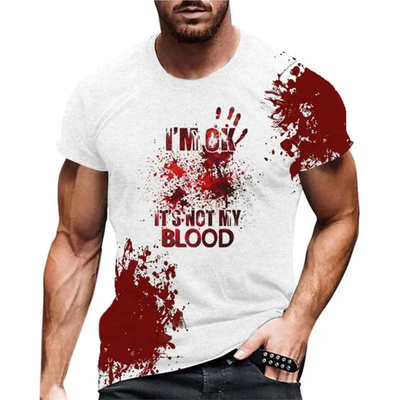 Halloween 2024 funny blood print T-shirt for men with "I'm Fine" text, casual style, short sleeve, polyester.